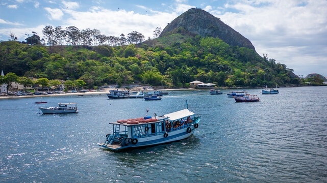 Beautiful aerial view of Guanabara Bay with a tourist boat sailing in the city of Niter&oacute;i, Rio de Janeiro, Brazil