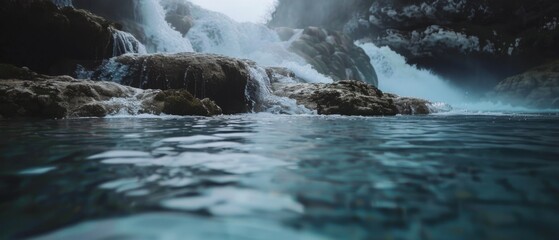 Obraz premium Powerful waterfalls cascade into a pristine pool, enveloped by mist and rugged cliffs, creating a dramatic, untamed landscape.