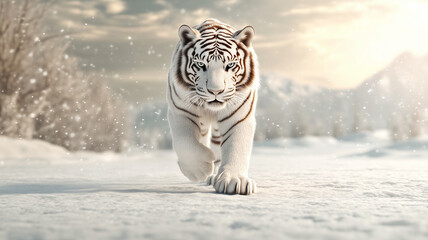 Fototapeta premium Majestic white Bengal tiger walks on four paws through the winter landscape towards the camera.