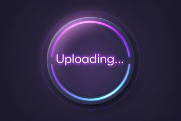 A stylized loading graphic with a circular design, featuring the word "Uploading..." in vibrant colors against a dark background.