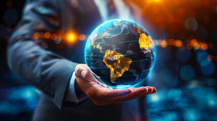 Fototapeta premium Businessman holding virtual globe model as symbol of global markets