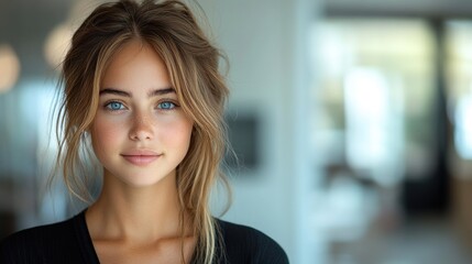 Fototapeta premium A youthful woman exudes beauty with her captivating blue eyes and natural charm