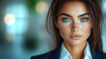 Fototapeta premium A young woman exudes confidence with captivating blue eyes in a stylish outfit