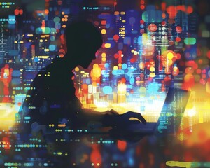 Fototapeta premium A person immersed in their laptop, working fervently against the backdrop of a bustling cityscape at night.