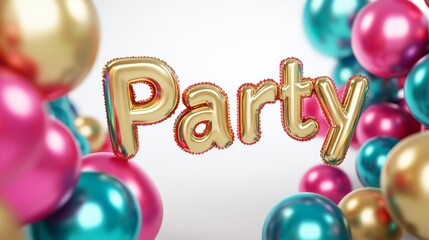 Festive composition of colorful spheres and a three-dimensional party sign for vibrant celebrations