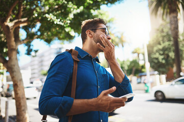 Travel, man and whistle in city for taxi, public transport service and attention with phone....