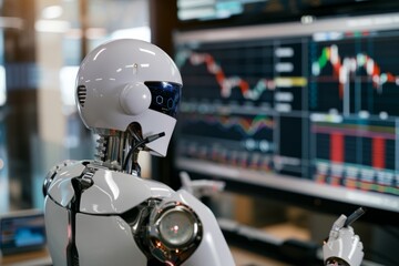 A sleek robot intently analyzes financial charts on multiple monitors, showcasing advanced AI in a high-tech workplace environment.