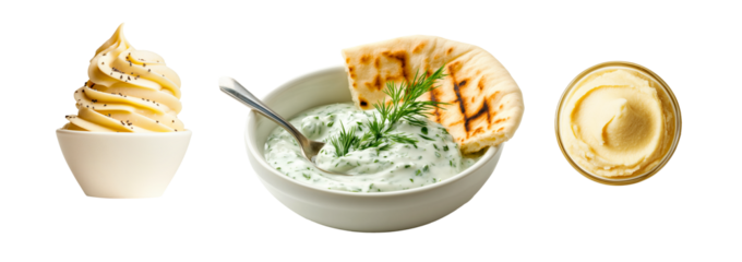 Creamy mayonnaise, tzatziki with dill and naan bread, red pepper paste garnished with fresh green herbs, making it perfect for dips or sauces, isolated on white transparent background.