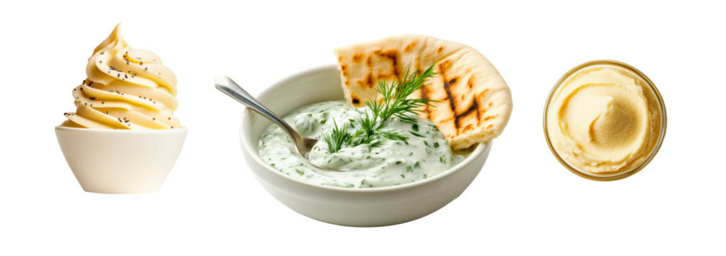 Creamy mayonnaise, tzatziki with dill and naan bread, red pepper paste garnished with fresh green herbs, making it perfect for dips or sauces, isolated on white transparent background. - Powered by Adobe
