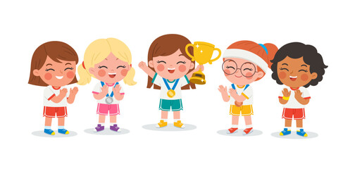 Children stand together, beaming with pride as they joyfully celebrate their hard-earned award. Celebrating victory  concept