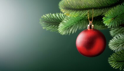 Red bauble on green christmas fir tree