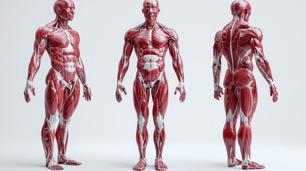 A lifelike full-body anatomical model displays the complete human muscular system, intended for educational purposes and professional health study enhancement.