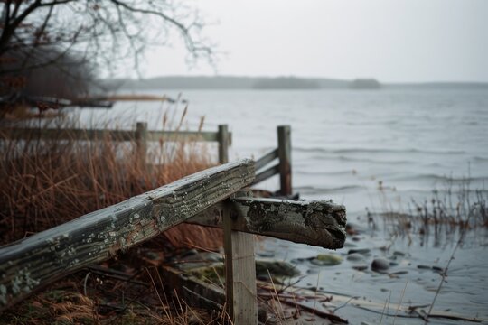 A weathered fence lines the misty shore of a calm lake, as muted, overcast skies create an atmosphere of quiet reflection and solitude.