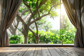 Fototapeta premium Empty wood table top with green garden view for product display.
