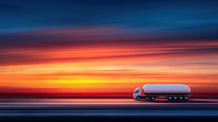 Fototapeta premium A striking sunset highway drive of a white and red tanker truck transporting fuel through picturesque fields