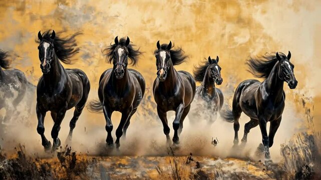 Group of black horses galloping through dust with flowing manes, embodying power, freedom, and wild energy. 4K video
