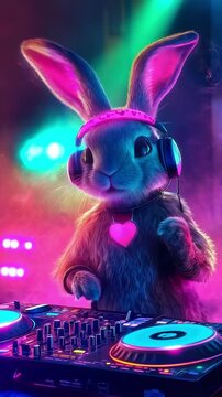 DJ Easter bunny playing music at the DJ desk in a nightclub in neon lighting. Party concept. Vertical video.