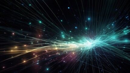 Naklejka premium Cosmic Convergence: A mesmerizing abstract background image of swirling, vibrant streaks of light converging at a central point against a backdrop of twinkling stars. The colors are an array of blue.