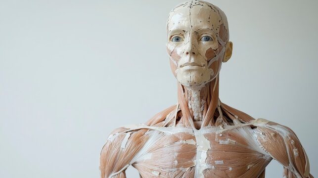 A realistic and highly detailed anatomical model showing the layers of muscles, perfect for educational purposes or medical professional reference.