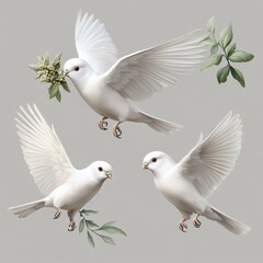 Fototapeta premium Flying White Pigeon Holding Olive Branch: Symbol of Peace and Hope