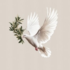 Fototapeta premium Flying White Pigeon Holding Olive Branch: Symbol of Peace and Hope