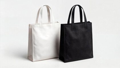 two blank tote bags, one black and one white. isolated on white background. tote bag mockup