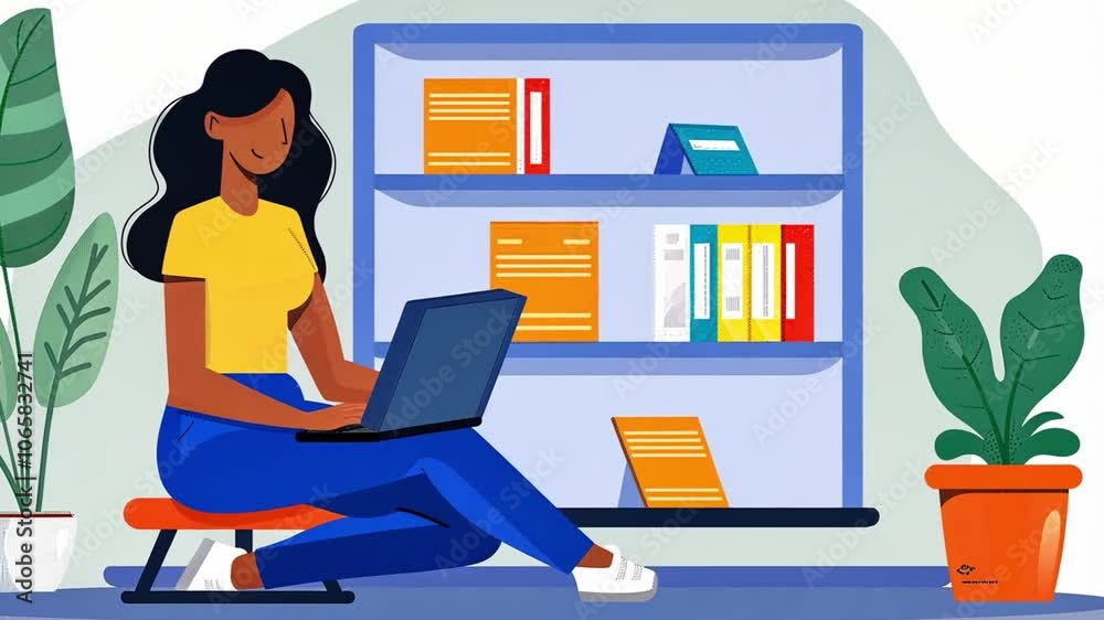 Poster a woman sits on a bench with a laptop in a bright, inviting study. shelves filled with books and che