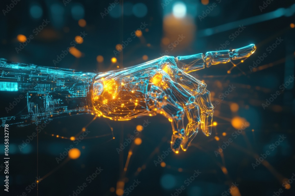 Leinwandbilder This artwork illustrates a prosthetic arm receiving neural signals, highlighted by glowing lines linking it to the brain, representing innovation. Generative AI