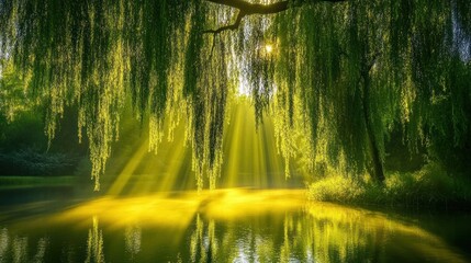 Fototapeta premium A serene landscape with sunlight filtering through willow trees over a tranquil pond.