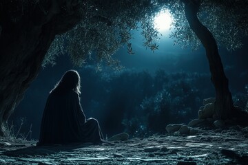 Jesus praying alone in the Garden of Gethsemane at night, with deep shadows from olive trees, a sense of solitude, and a single moonbeam illuminating his solemn face