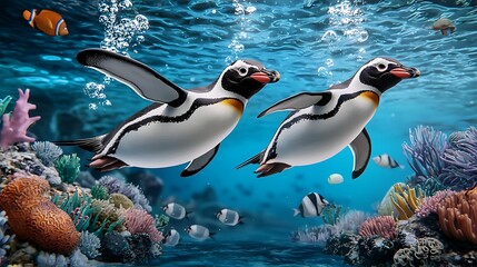 Naklejka premium Two playful penguins swimming gracefully among colorful coral reefs in a vibrant underwater scene