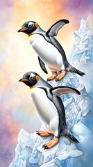 Fototapeta premium Charming penguins on icy peaks a delightful illustration of nature's adorable creatures in a colorful setting