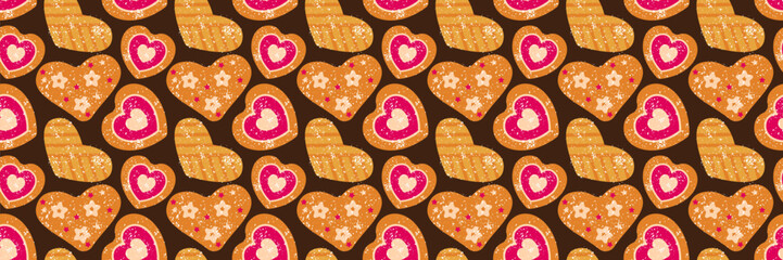 Christmas Bakery Seamless Pattern. Heart Cookies biscuit. Holiday Sweet Dessert Background on black. Vector illustration