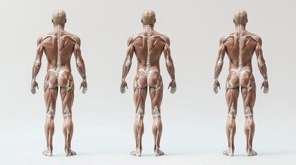 This image features three anatomical models highlighting the muscular and skeletal systems of humans viewed from behind, offering a comparative educational perspective.