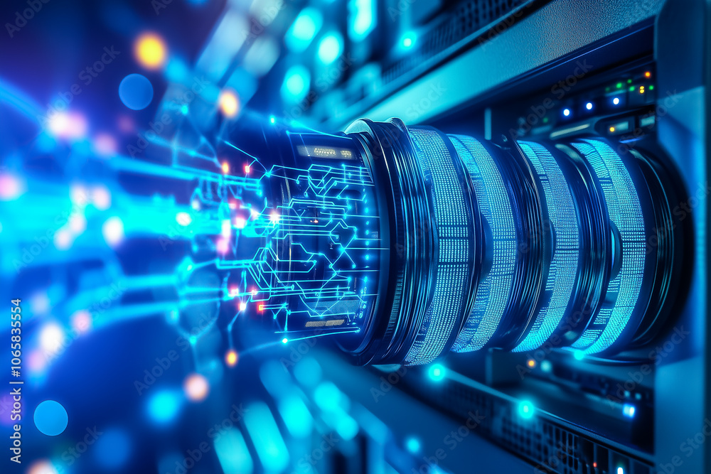 Poster bright circuitry and data flow illustrate cutting-edge storage technology inside a high-tech server 