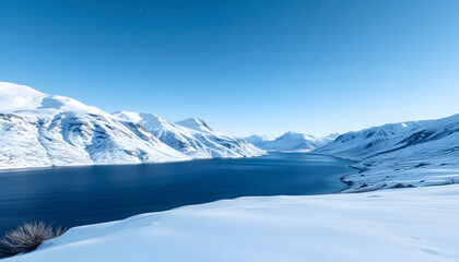Fototapeta premium Snow covering lake near rough hills under polar lights isolated with white highlights, png