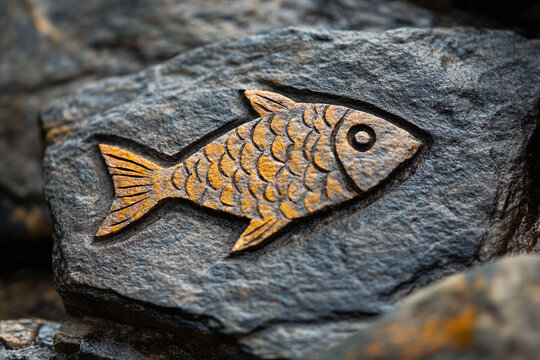 a Christian fish symbol engraved on stone.