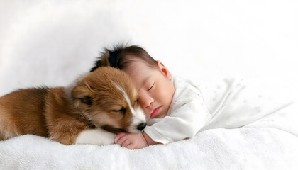 可愛い子犬と一緒に眠る赤ちゃん