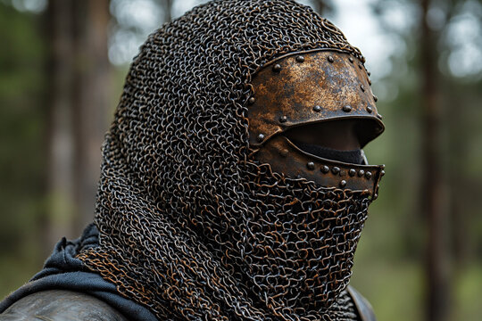 a Crusader chainmail coif with rusted metal links.