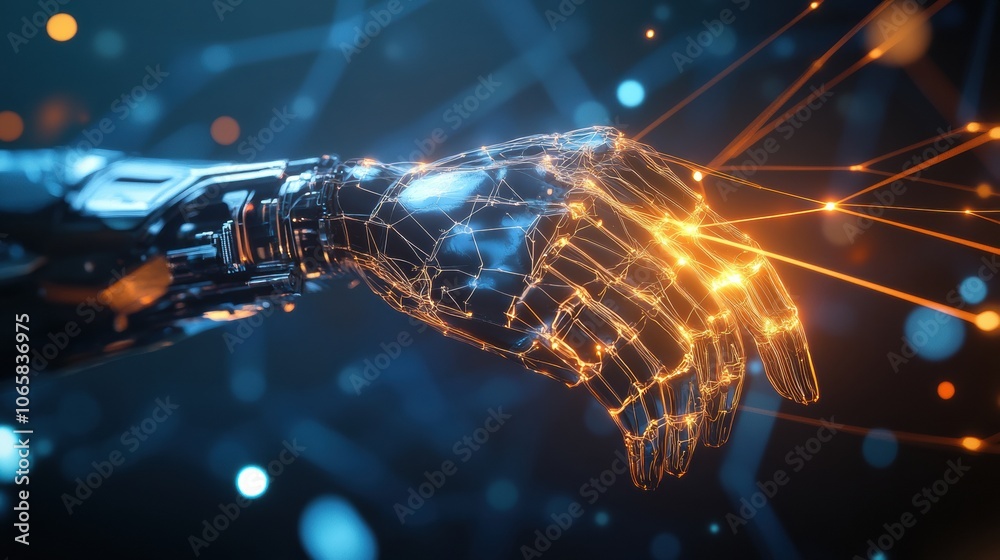 Aufkleber a prosthetic arm is shown responding to neural signals, featuring glowing lines linking the brain to