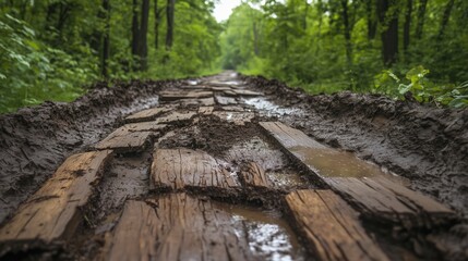 Rustic wooden path in lush forest on a rainy day