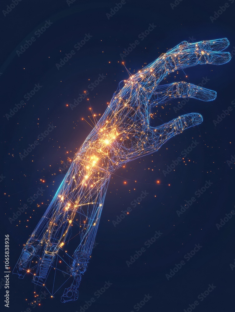Fototapete This artwork showcases a prosthetic arm controlled by neural signals, featuring bright connections to the brain in a digital environment. Generative AI