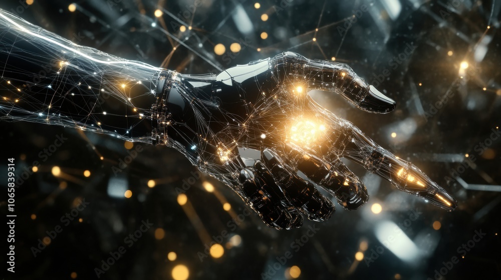 Fototapete This artwork showcases a prosthetic arm activated by neural signals, featuring luminous lines linking the brain to the arm. Generative AI