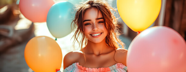 Face of a smiling girl surrounded by colorful balloons