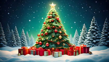 Obraz premium happy new year illustration features green christmas tree cartoon style surrounded snow festive gifts
