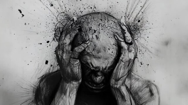 Sketchy animated illustration representing internal struggle of a person battling anxiety