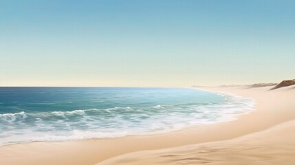 Fototapeta premium Tranquil Beach Escape: Serene sandy beach with calm, azure waves gently lapping the shore under a clear blue sky. Perfect for travel, vacation, relaxation, and tranquil vibes. 