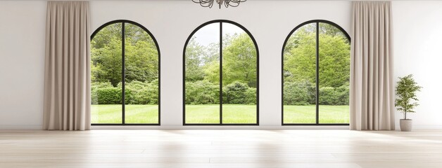 A bright minimalist room with large arched windows and natural light showcasing serene outdoor views in a tranquil space