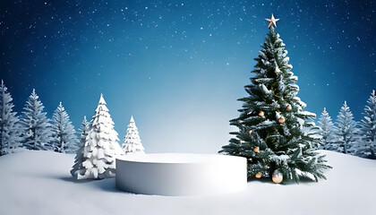 Obraz premium winter christmas scene created product display featuring white podium christmas tree rendering style