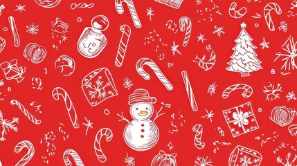 A festive pattern with snowmen, Christmas trees, and candy canes on a red background